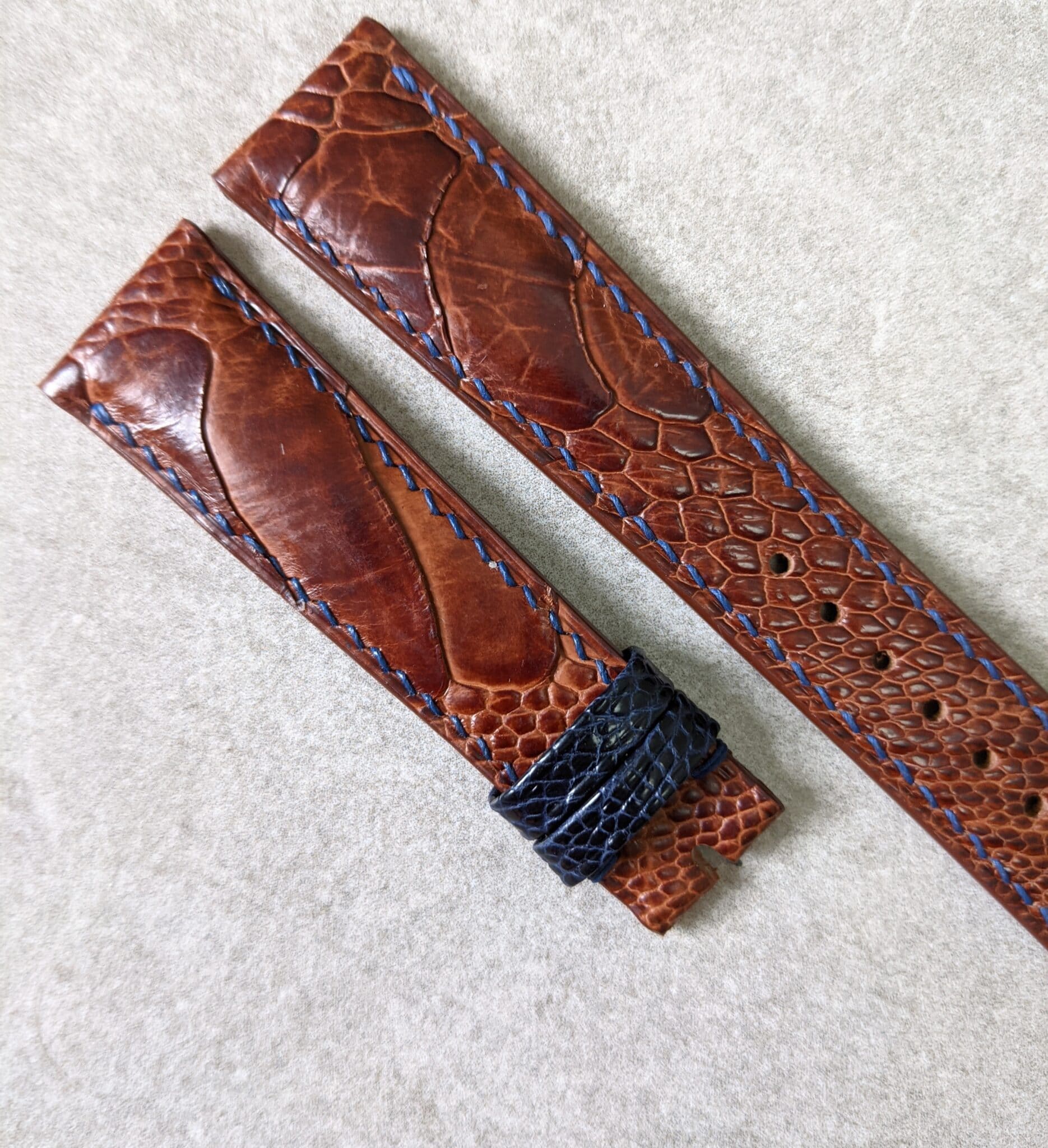Ostrich Shin Watch Strap - Cognac w/Navy Stitching & keepers