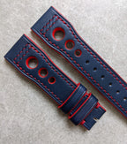 French Calfskin IWC Rally Style Strap - Navy Blue w/red stitching