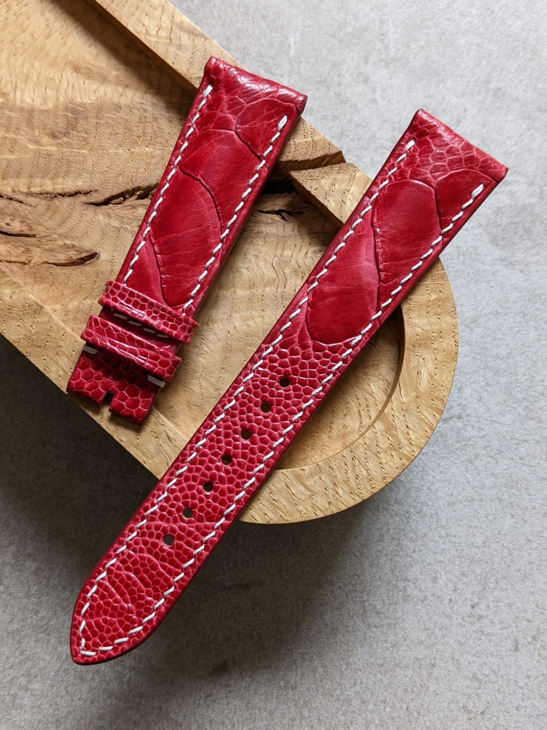 Ostrich Shin Padded Watch Strap - Red W/White Stitching