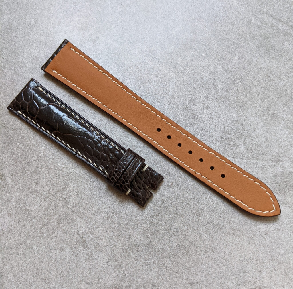 Ostrich Shin Watch Strap - Dark Brown W/Cream stitching