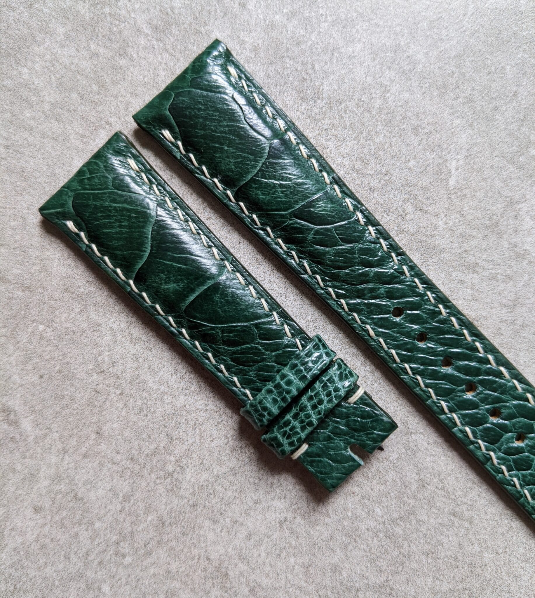 Ostrich Shin Padded Watch Strap - Dark Green W/Cream Stitching