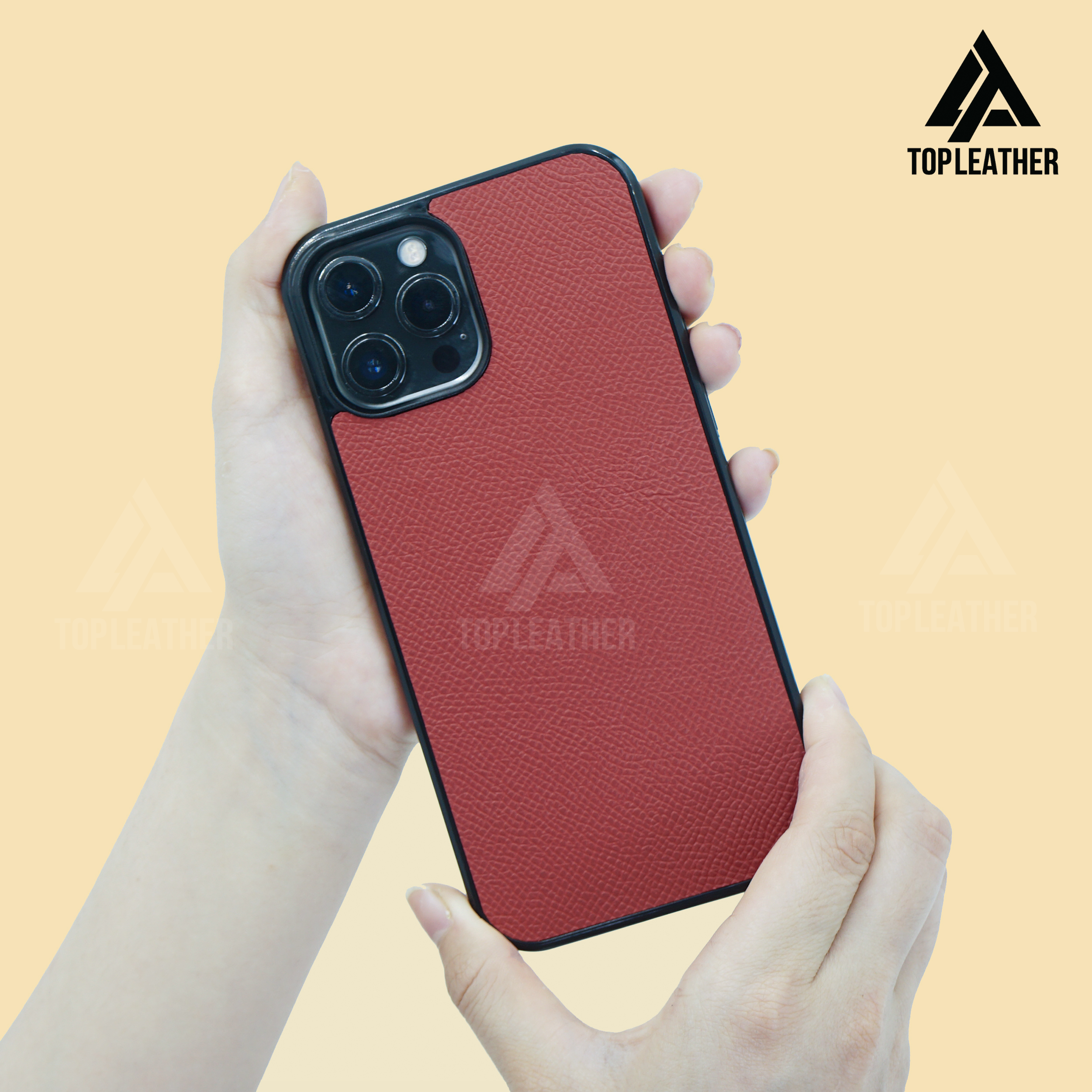 Epsom Leather Phone Case for iPhone 11 12 13 14 Pro/Promax - Wine Red